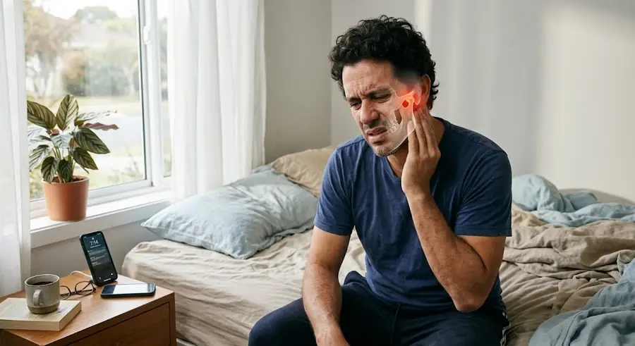 Homem acordando com dor na mandíbula
