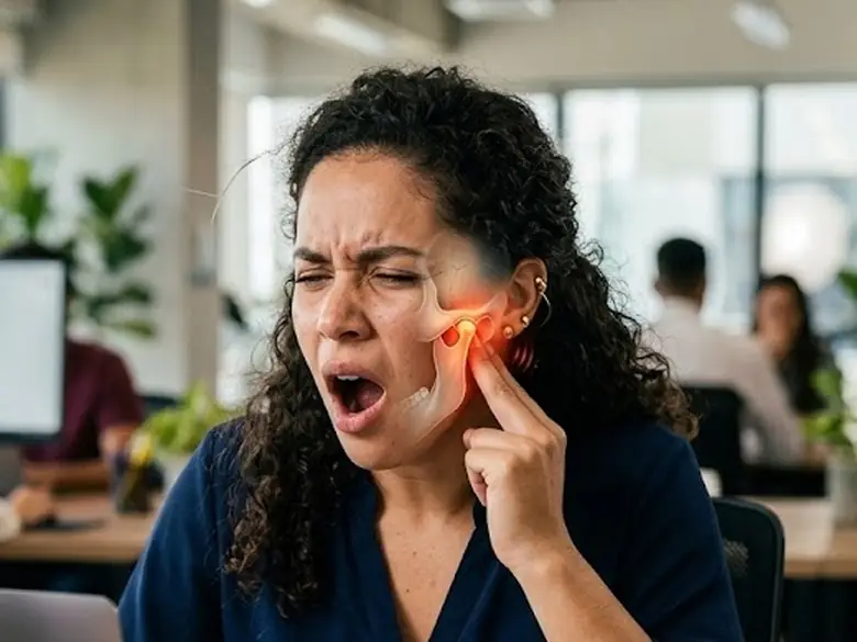 Mulher sentindo estalo e dor na mandíbula ao bocejar